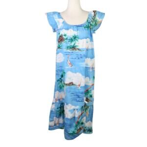 Vintage 80s Hilo Hattie blue Hawaiian cloud palm tree midi dress M